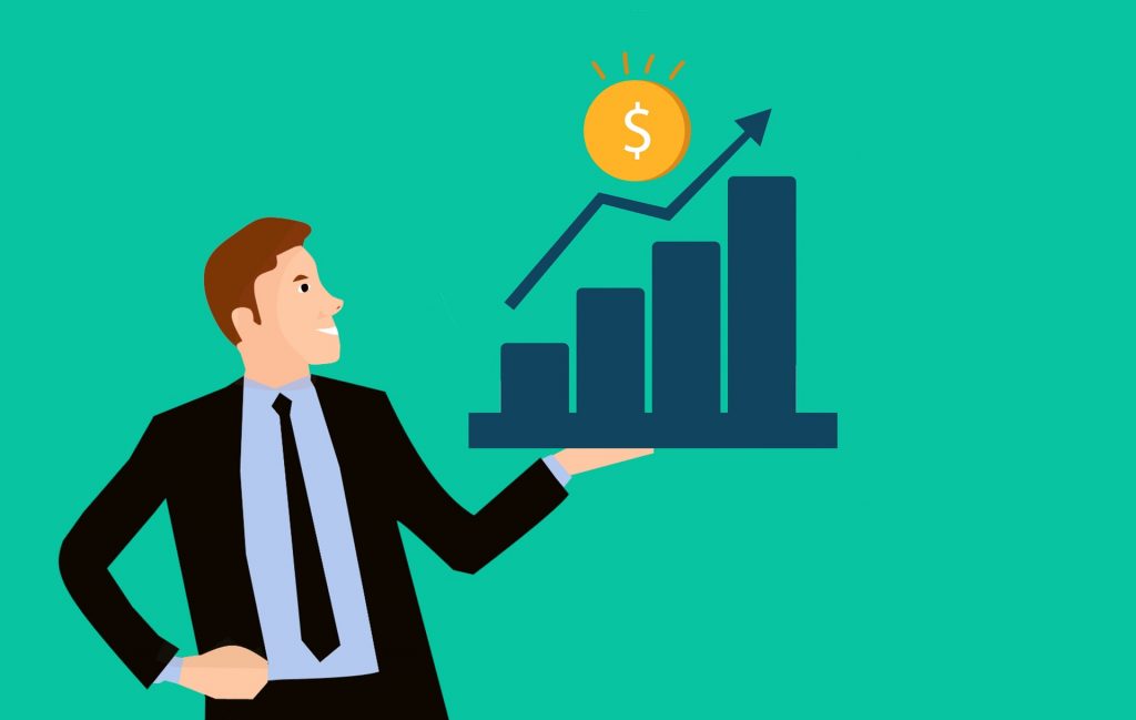 Illustration of a person holding a chart showing an initial cash investment growing substantially.