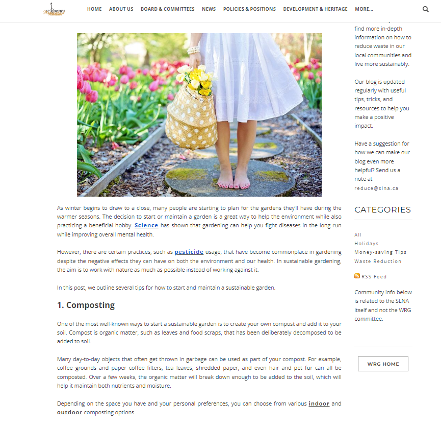 Screenshot of the SLNA Waste Reduction Group's published blog post titled "Simple Tips for Sustainable Gardening."