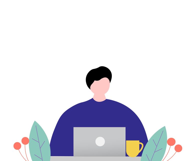 Illustration of a student sitting at their laptop, with a coffee and plants surrounding them as they work on an essay.